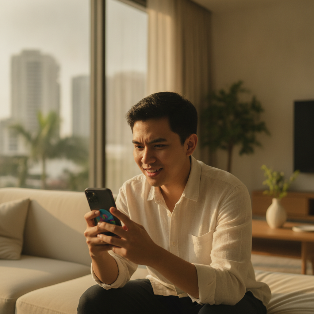 Filipino player learning to use mobile casino on smartphone at home